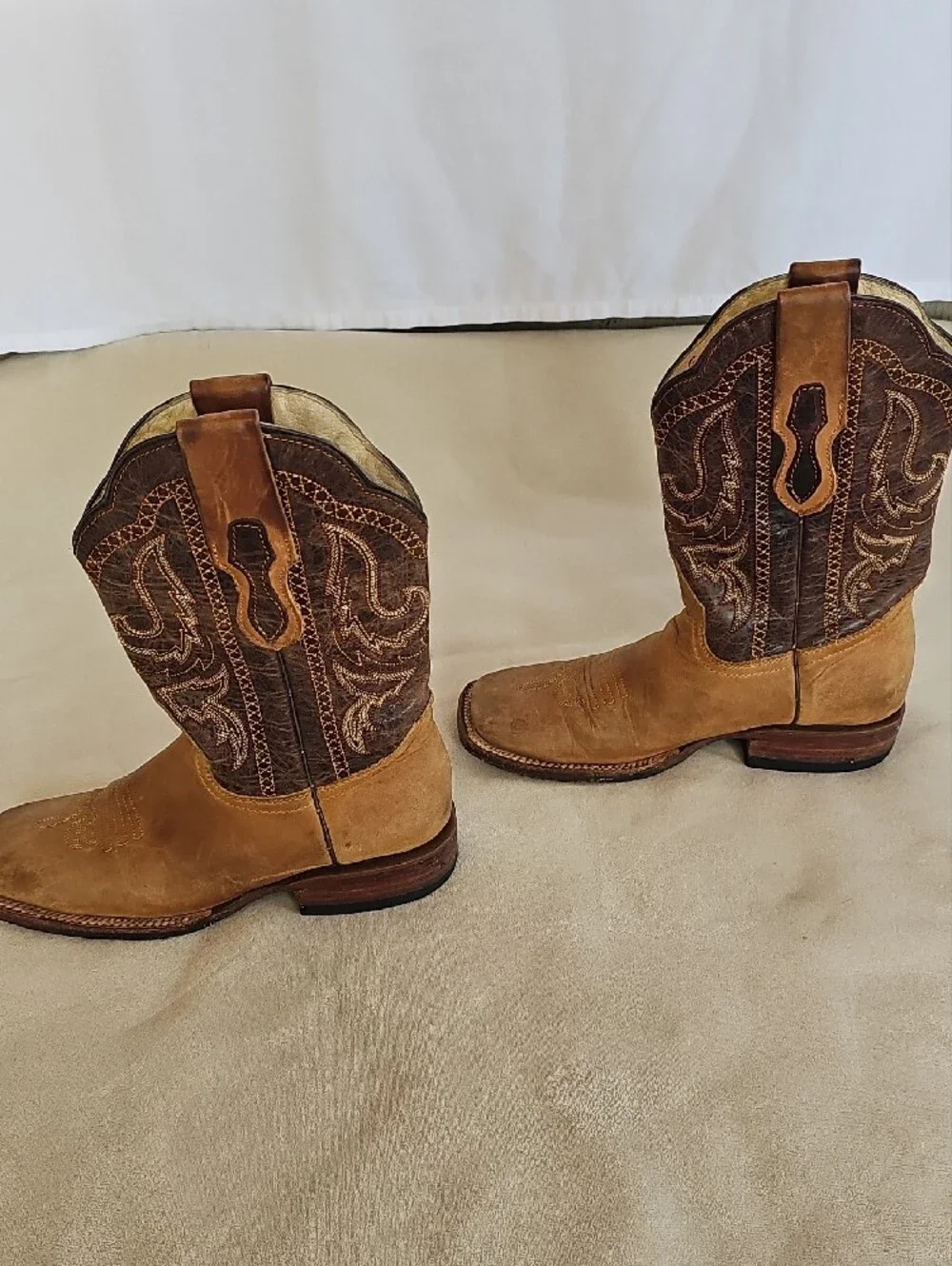 Boys, Two-Tone Tan Western Cowboy Boots with Embroidered Shaft